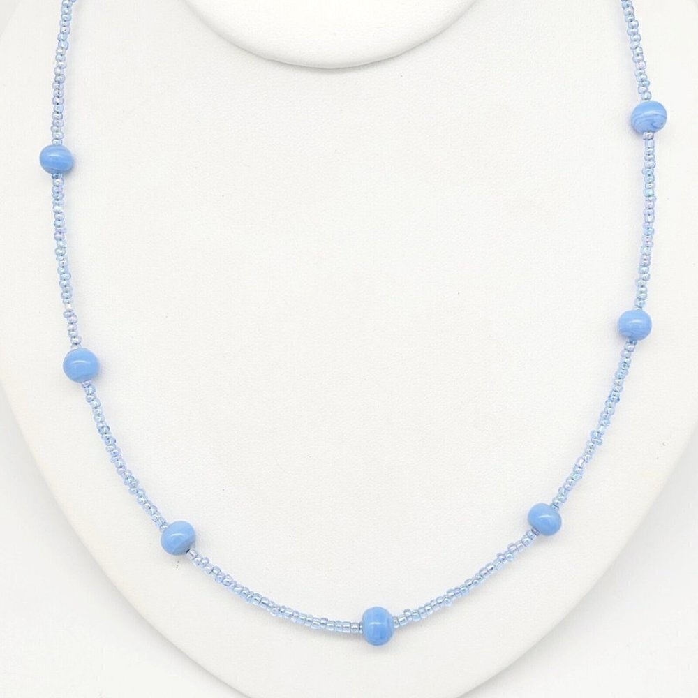 Blue Swirl Glass Beaded Necklace AB Seed Beads 20" Minimalist Simple Timeless